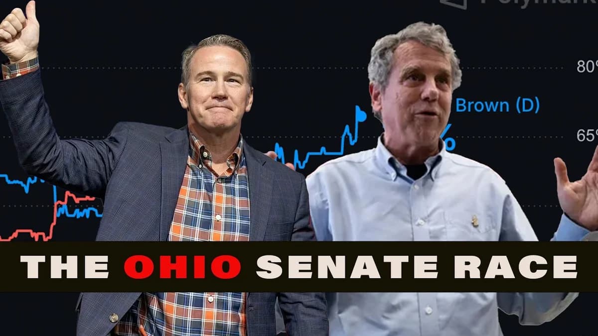 Jon Husted and Sherrod Brown over a prediction-market price chart with Brown's line near 65%, under a banner reading The Ohio Senate Race.