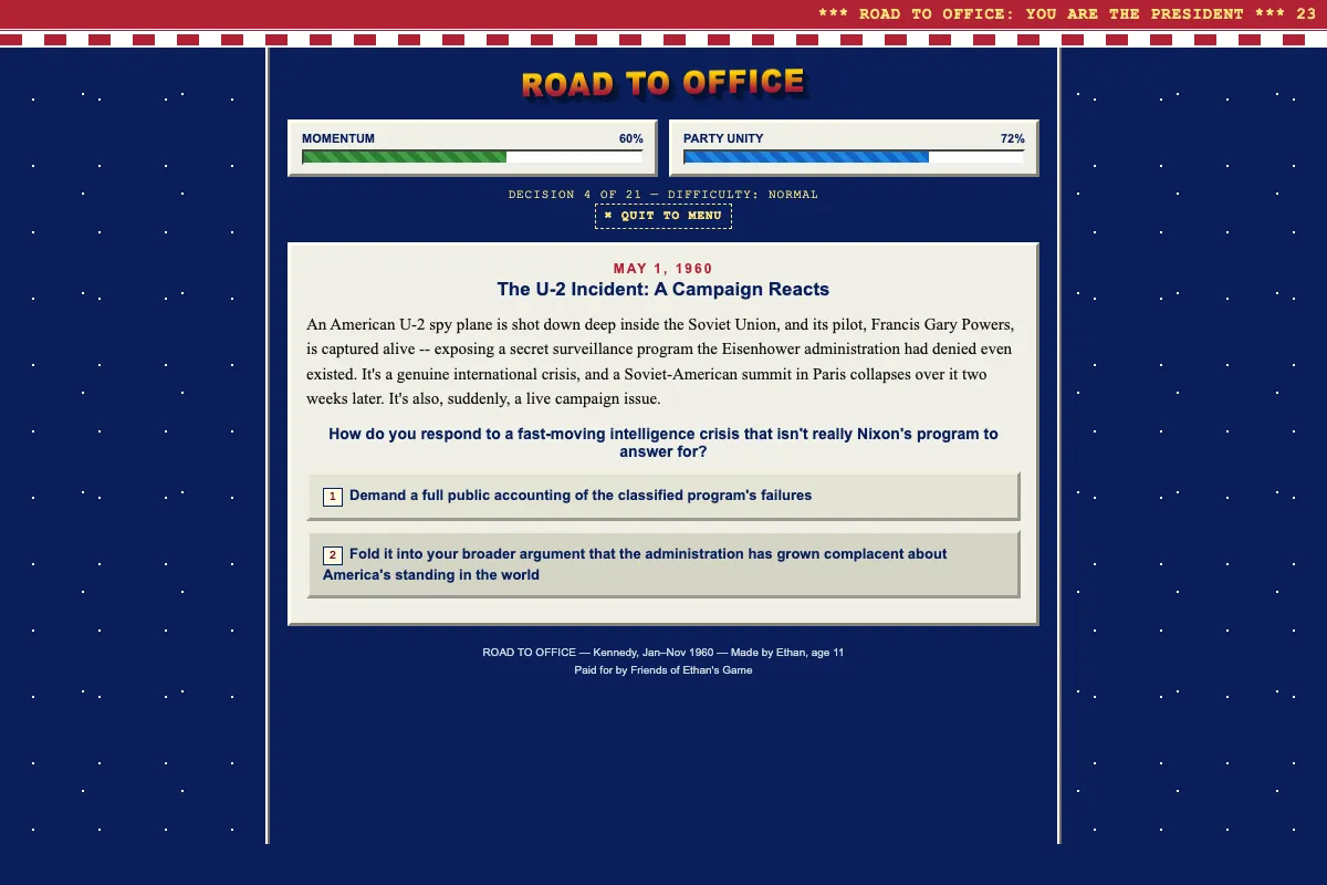 Road to Office decision screen: the May 1, 1960 U-2 incident, with Momentum and Party Unity meters, from the game made by Ethan, age 11