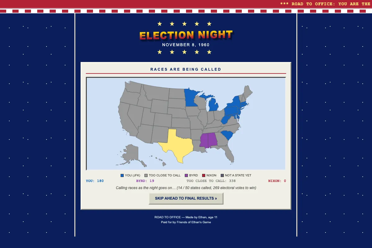 Road to Office Election Night map for 1960 calling states one at a time, from the game made by Ethan, age 11