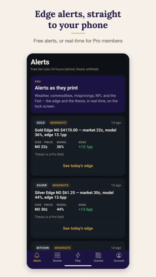 7 Oracles app alerts feed with gold and silver edge alerts and their model probability