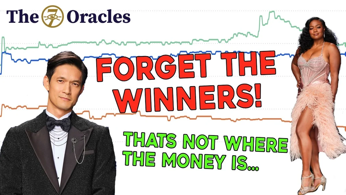 The 7 Oracles' Dancing with the Stars video art: Harry Shum Jr. and Tatyana Ali on either side of a prediction-market price chart under the words 'Forget the winners! That's not where the money is.'