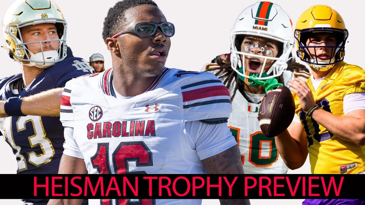 CJ Carr, LaNorris Sellers, Malachi Toney and Sam Leavitt in uniform under a Heisman Trophy Preview banner — the 2026 favorite and Coach Gene Clemons's three longshots