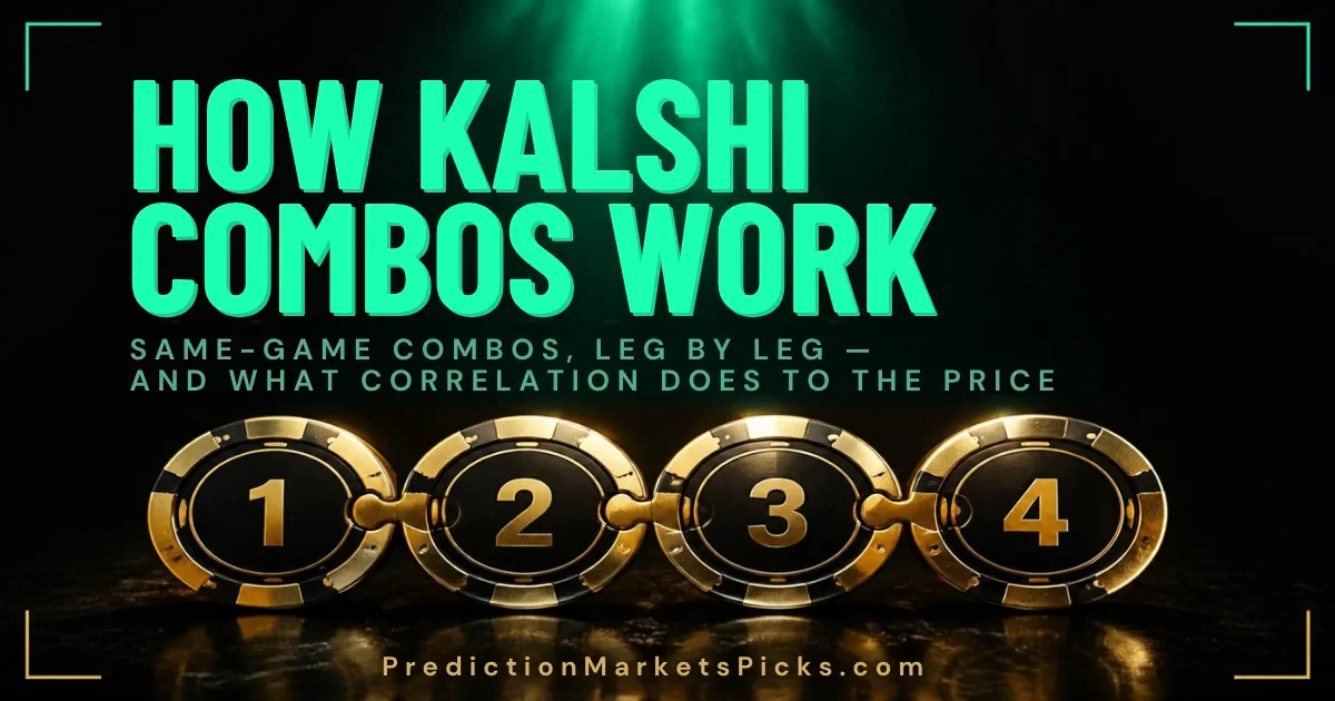 How Kalshi combos work: four numbered poker chips linked together as combo legs, with the headline in Kalshi green