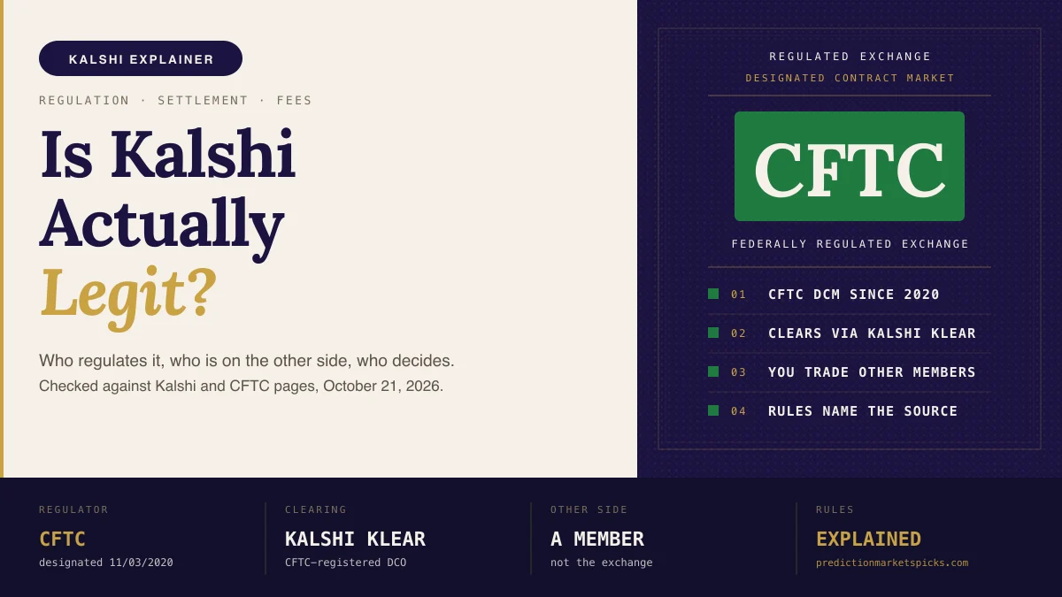 Is Kalshi legit? A card showing Kalshi as a CFTC designated contract market since 2020, clearing through Kalshi Klear, with traders matched against other members