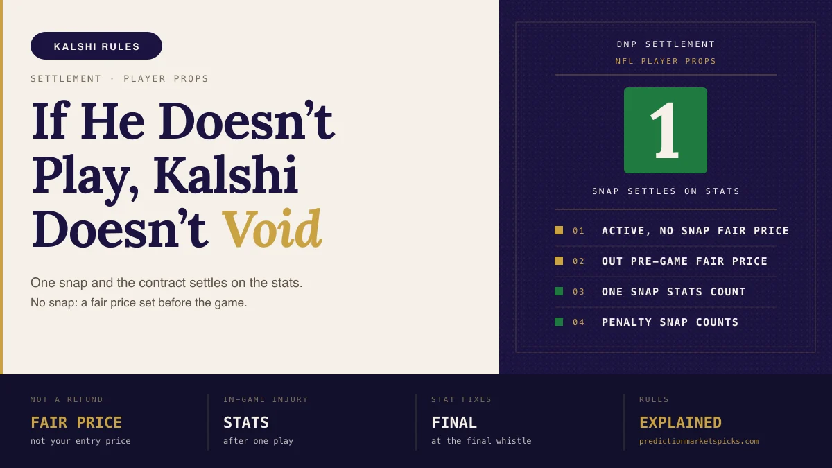 Kalshi DNP rules explainer: a tote board showing that one snap means a player prop settles on stats, while an active player who never takes a snap settles to a fair price