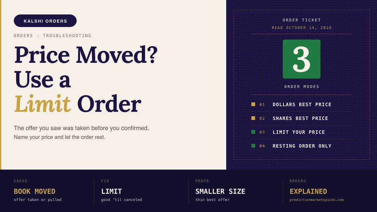 Kalshi order troubleshooting explainer: a tote board listing the order ticket's three modes, Dollars, Shares and Limit, with Limit and good 'til cancelled as the fix when the price moves