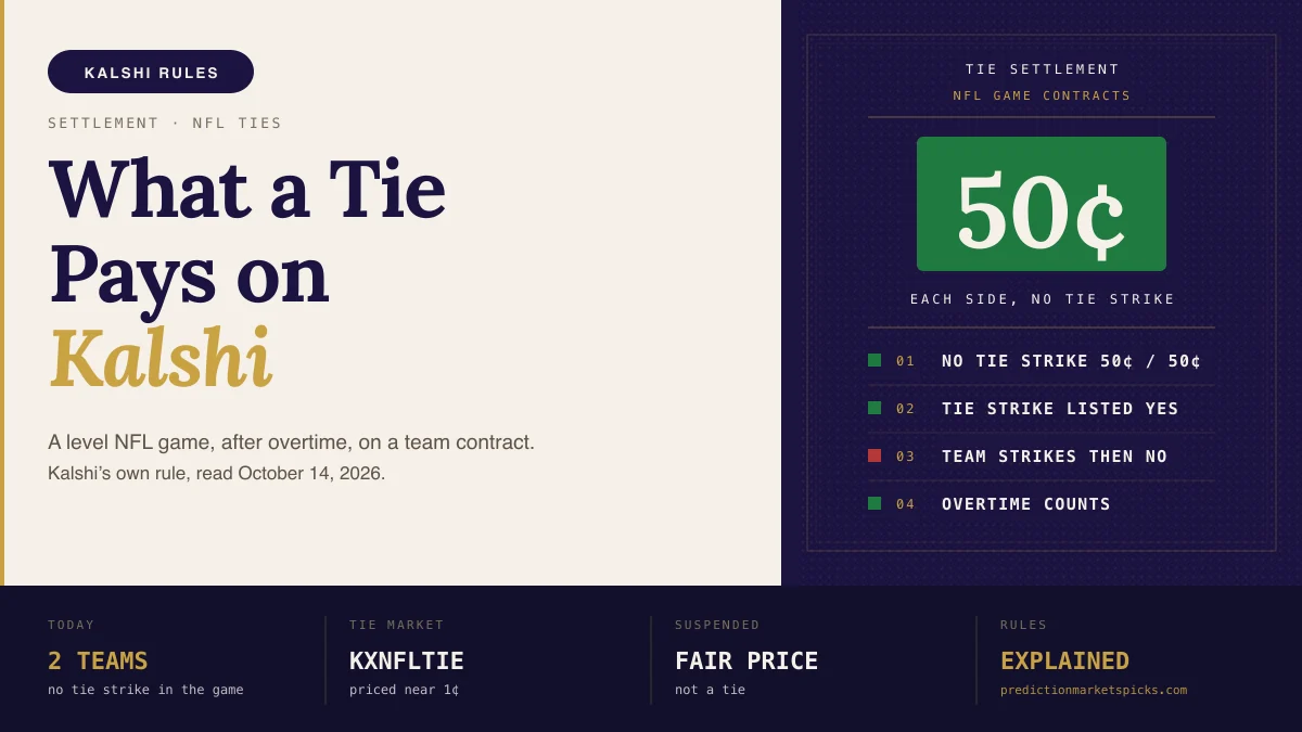 Kalshi tie rules explainer: a tote board showing 50 cents to each side of a team contract when no Tie strike is listed, with overtime counted and a separate Tie market