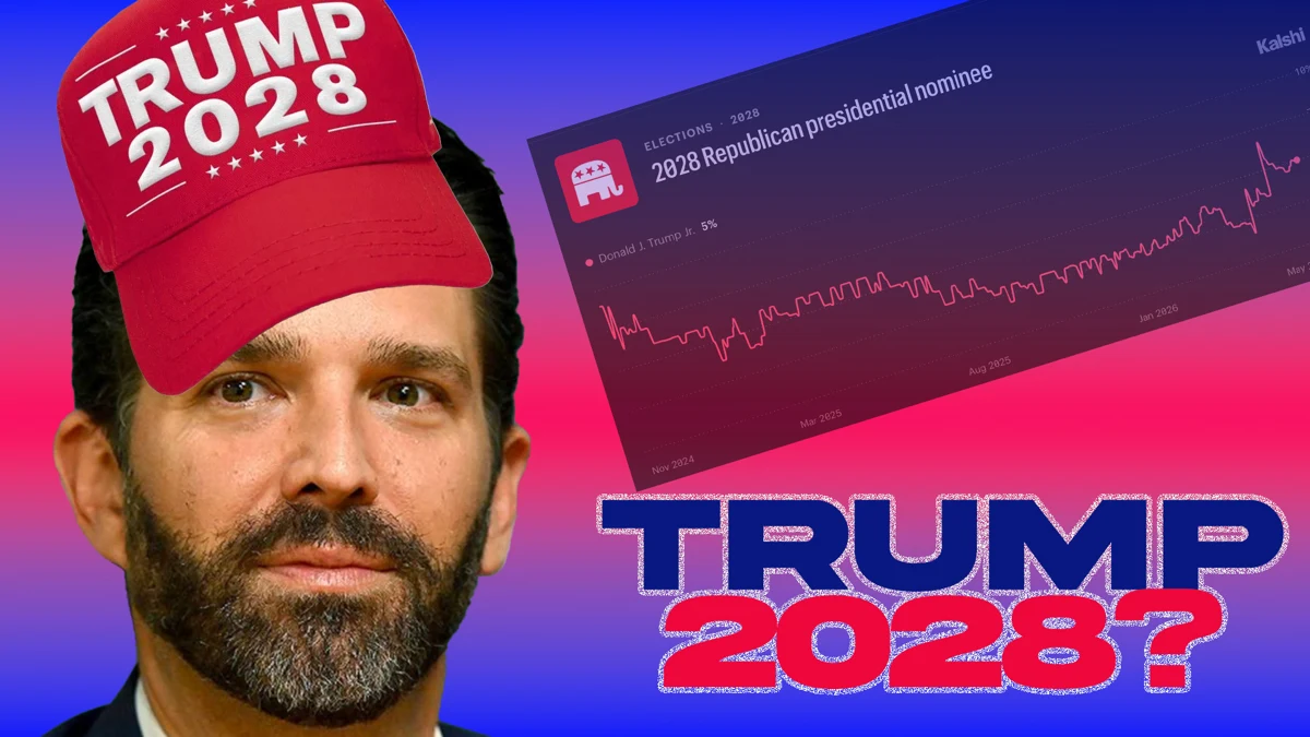 Donald Trump Jr. in a red TRUMP 2028 hat next to the Kalshi 2028 Republican presidential nominee chart