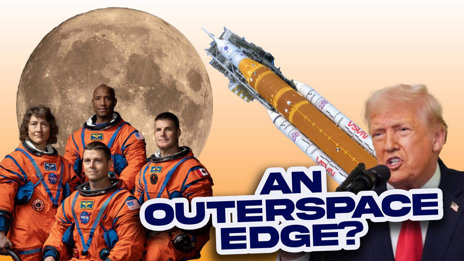 An Outerspace Edge? Trump, Artemis II astronauts, moon, and rocket launch collage